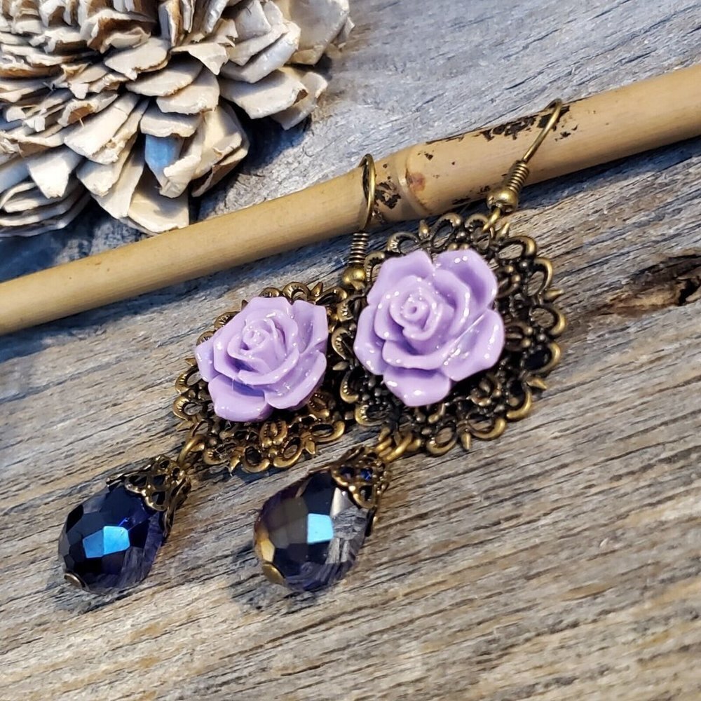 Lacy Bronze Filigree Purple Rose Cabochon Teardrop Cut Crystal Earrings